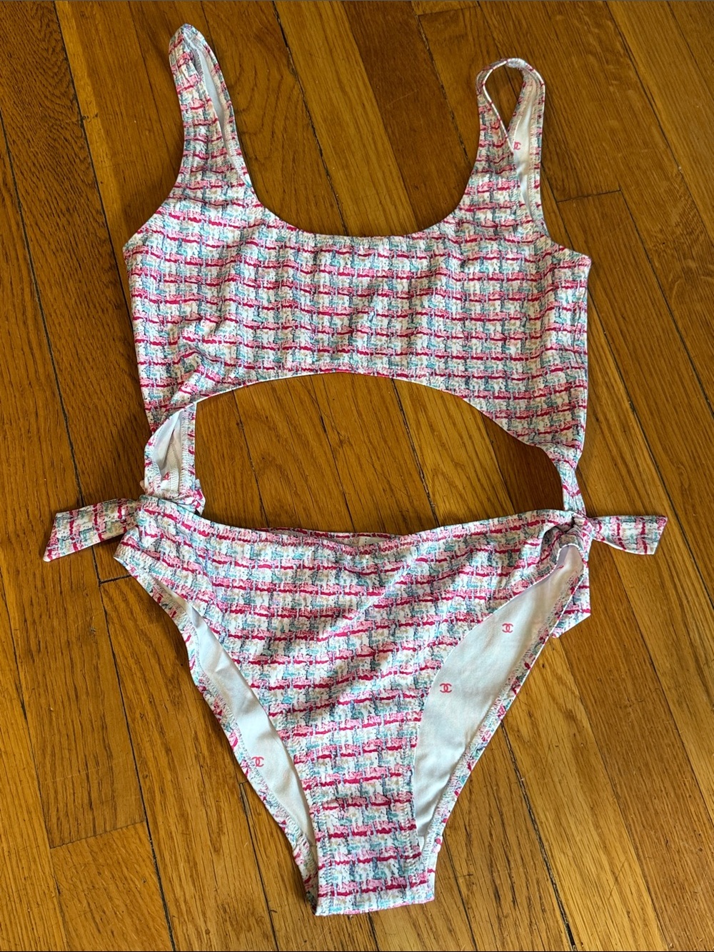CHA NEL Pink White tweed Pattern cutout nylon one piece swimsuit size Missing